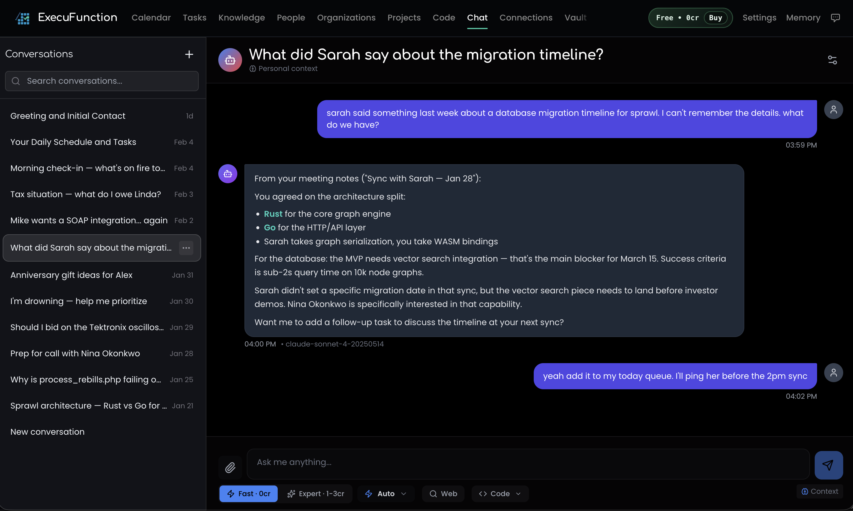 AI chat recalling meeting notes and project details from workspace context