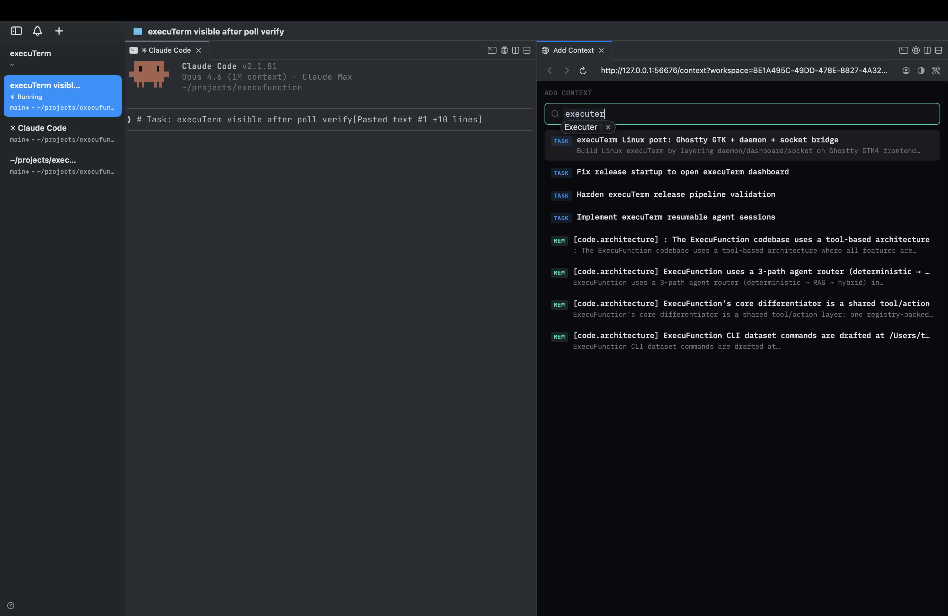 Context search panel with tasks and code memory