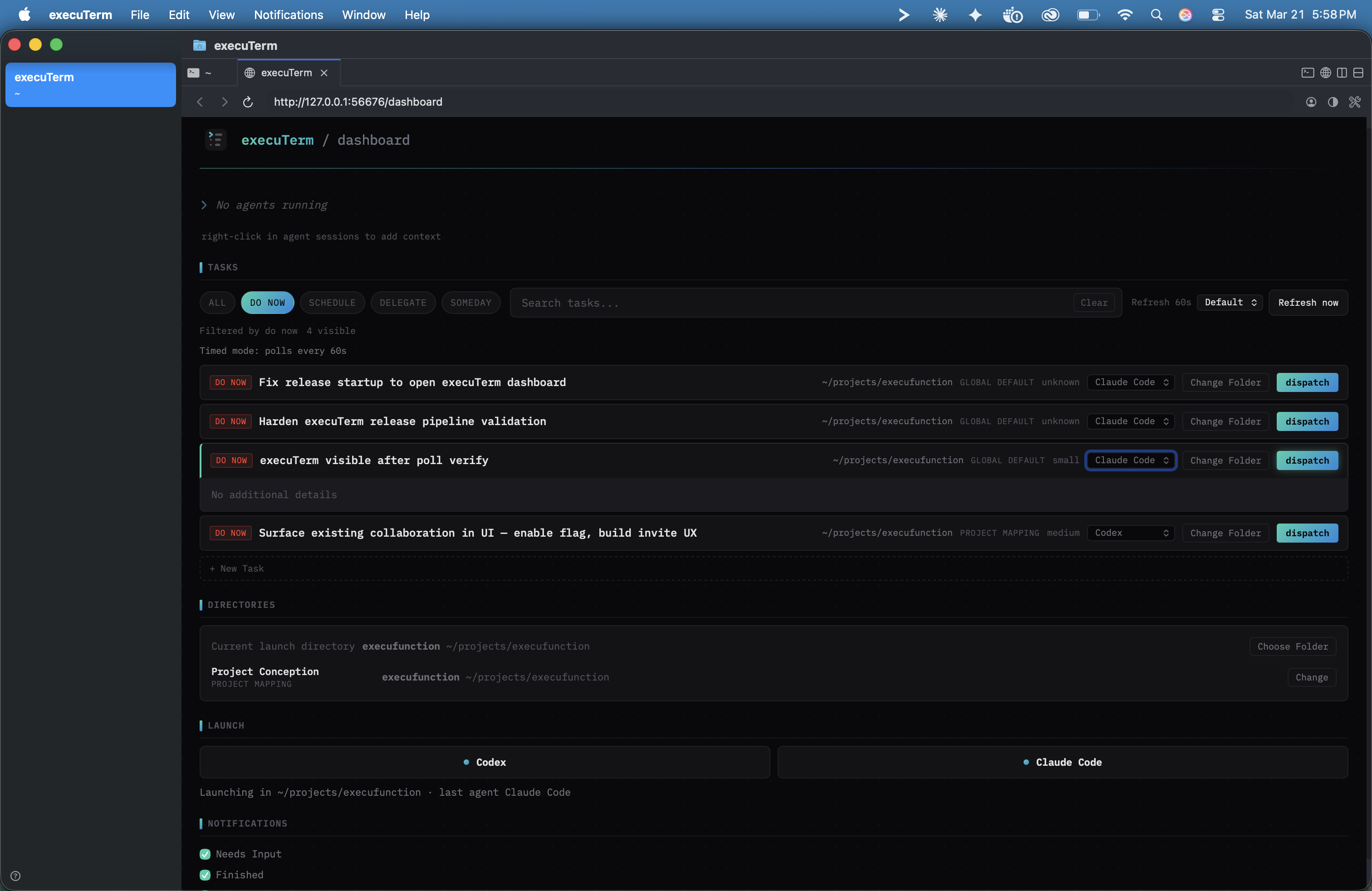 execuTerm dashboard showing tasks, agent launch, and workspace overview