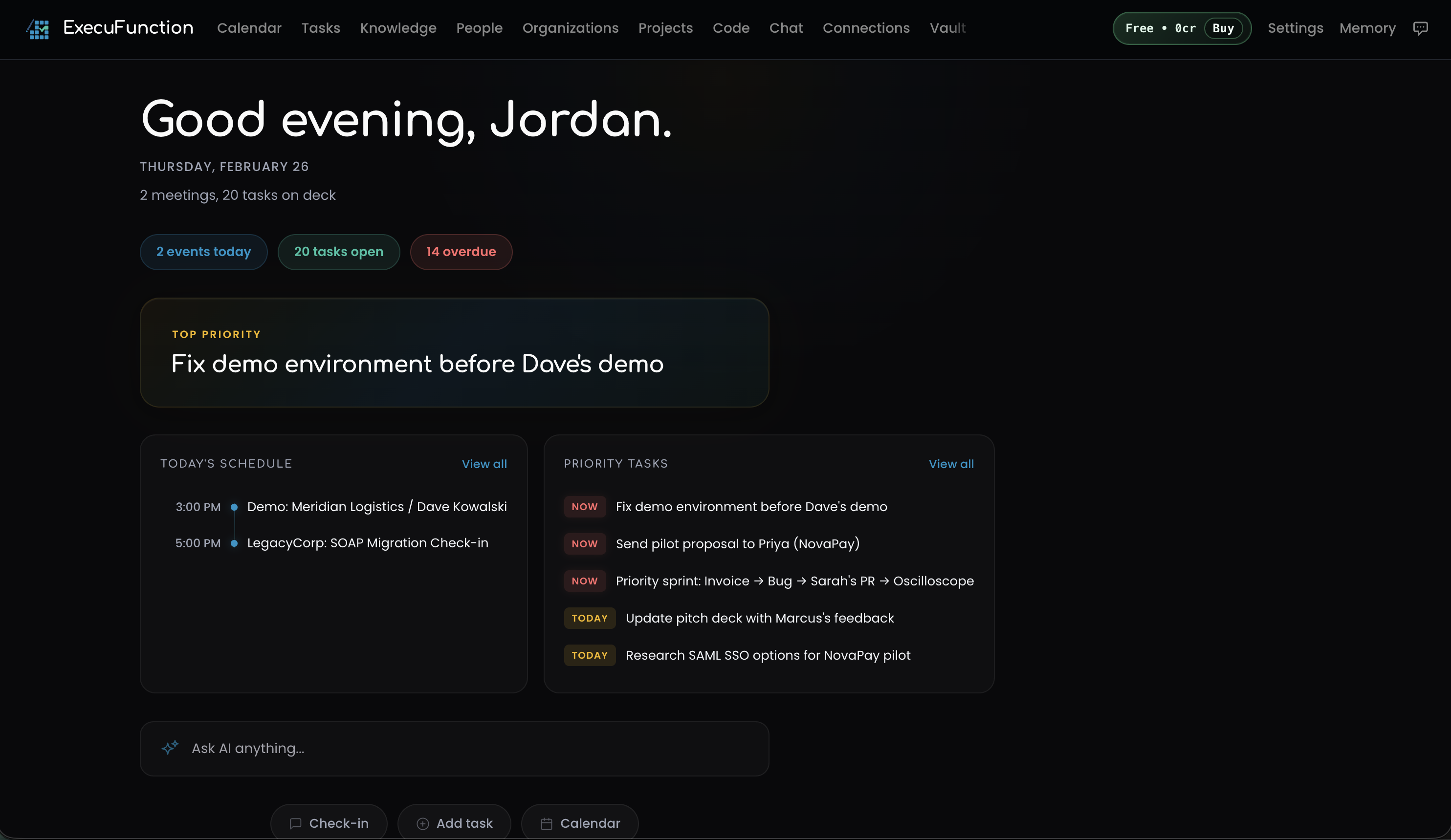 Dashboard showing today's schedule, priority tasks, and AI assistant
