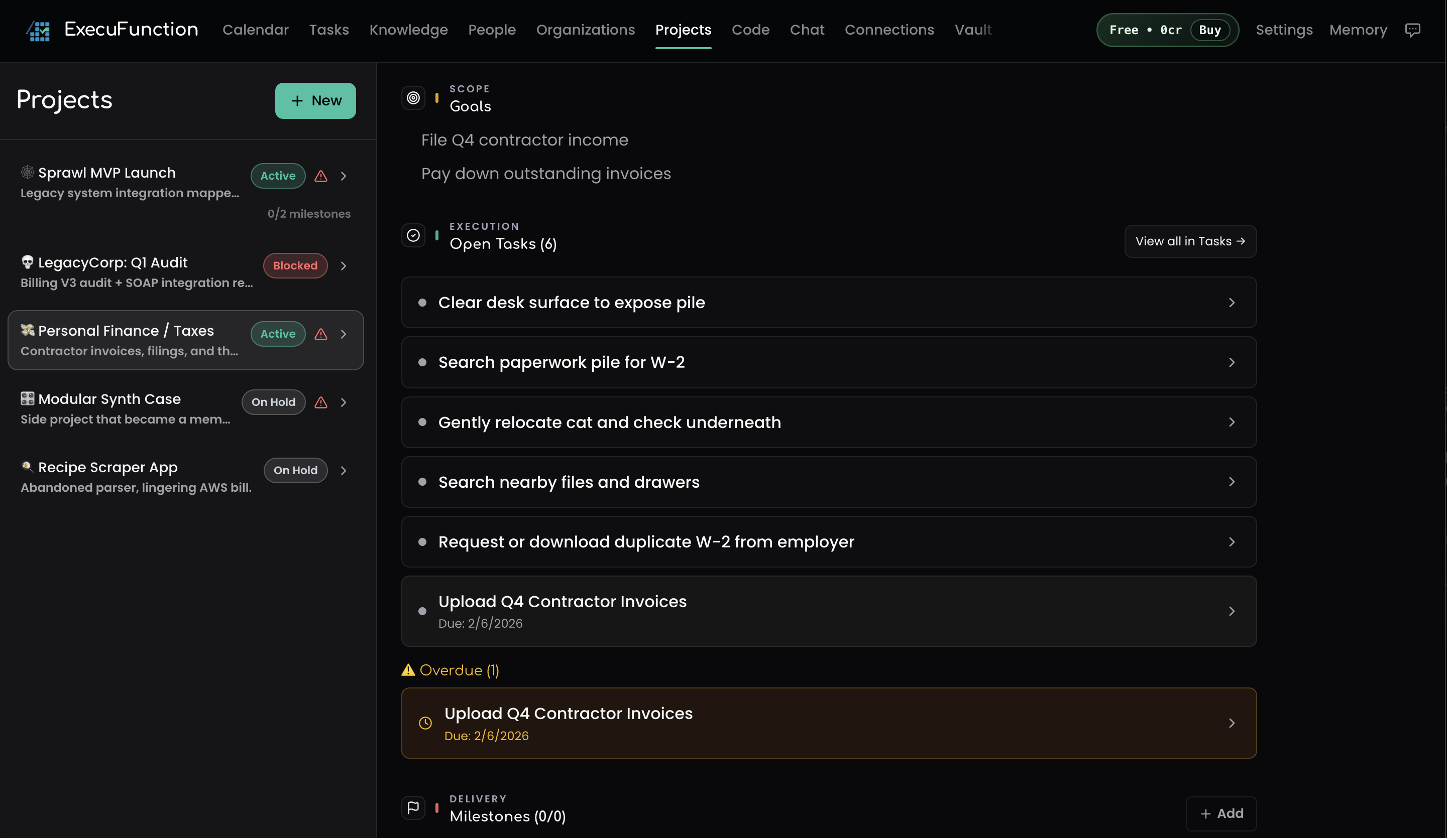 Project view with goals, tasks, milestones, and overdue tracking
